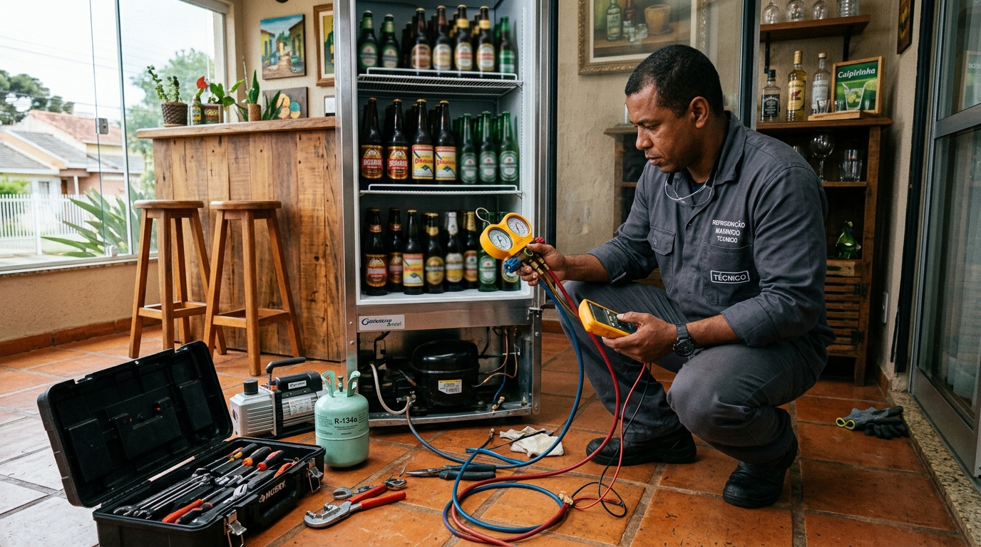 Profissional executando reparo no motor de cervejeira em Sorocaba‑SP