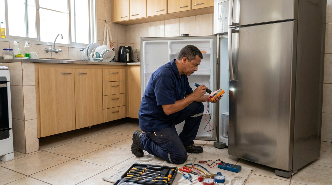 Técnico aplicando recarga de gás refrigerante em geladeira em Sorocaba‑SP